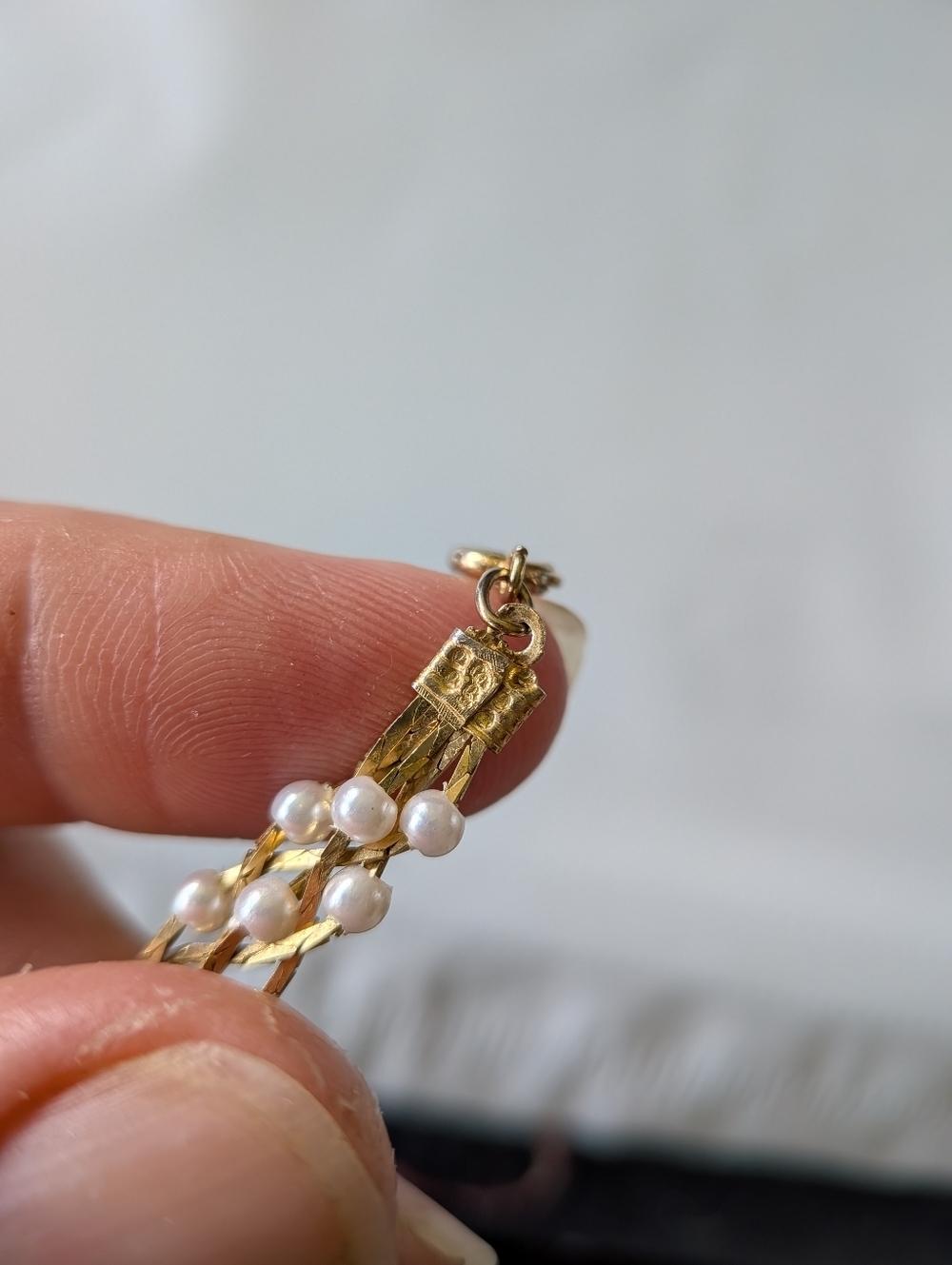 Triple Strand Gold Woven Faux Pearl Necklace - Picture 5 of 8